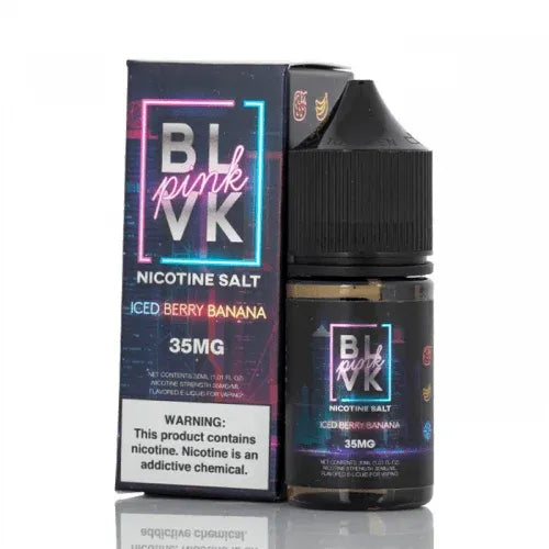 A bottle of BLVK Pink Nicotine Salt e-liquid in 'Iced Berry Banana' flavor, 35mg, shown next to its retail packaging box on a white background with a reflection.