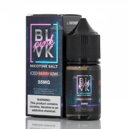 A bottle of BLVK Pink Nicotine Salt e-liquid in 'Iced Berry Kiwi' flavor, 35mg, shown next to its retail packaging box on a white background with a reflection.