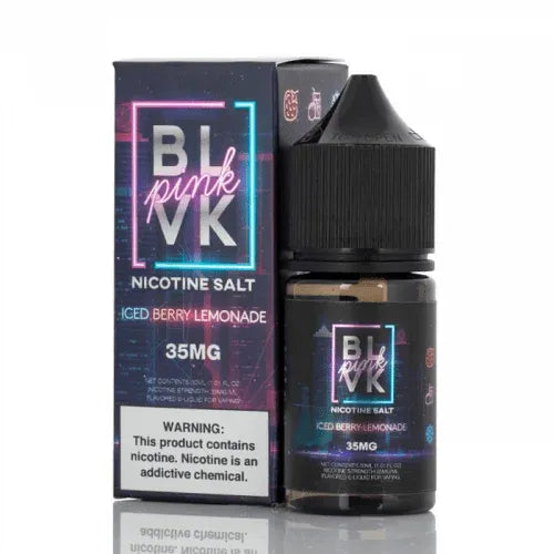 A bottle of BLVK Pink Nicotine Salt e-liquid in 'Iced Berry Lemonade' flavor, 35mg, shown next to its retail packaging box on a white background with a reflection.