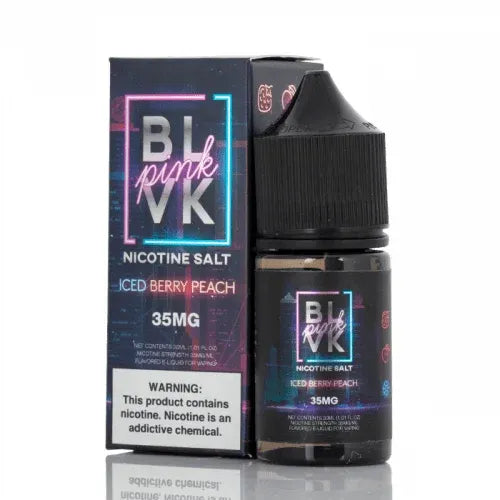 A bottle of BLVK Pink Nicotine Salt e-liquid in 'Iced Berry Peach' flavor, 35mg, shown next to its retail packaging box on a white background with a reflection.