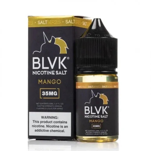 BLVK nicotine salt mango e-liquid bottle and packaging on a white background