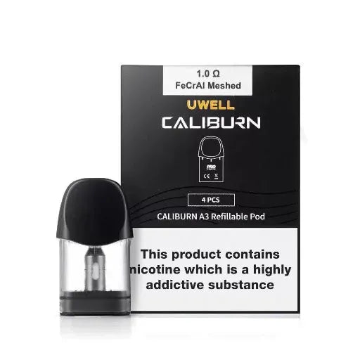 Uwell Caliburn A3 refillable pod packaging with nicotine warning label on a white background