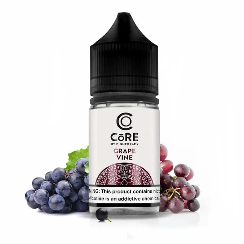 Core by Dinner Lady grape vine nic salt bottle with grapes on a white background