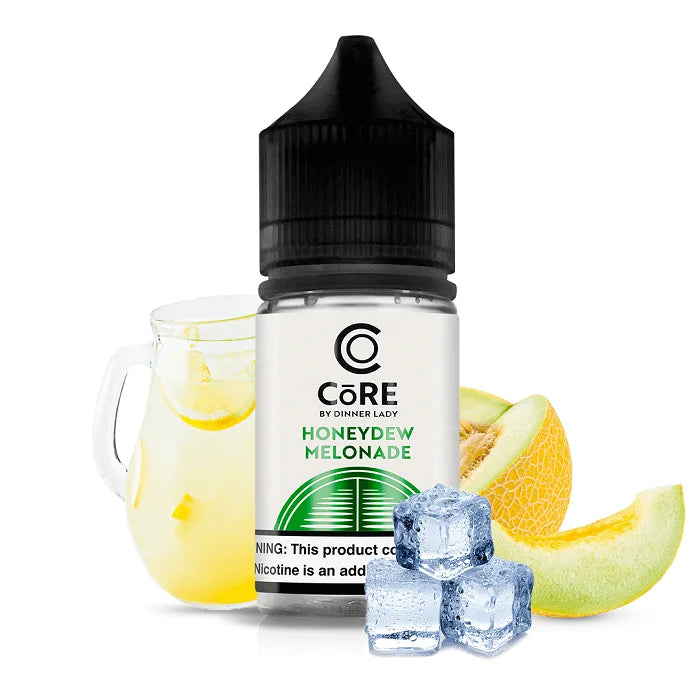 CORE by Dinner Lady honeydew melonade vape juice with a glass of lemonade, melon slices, and ice cubes on a white background.