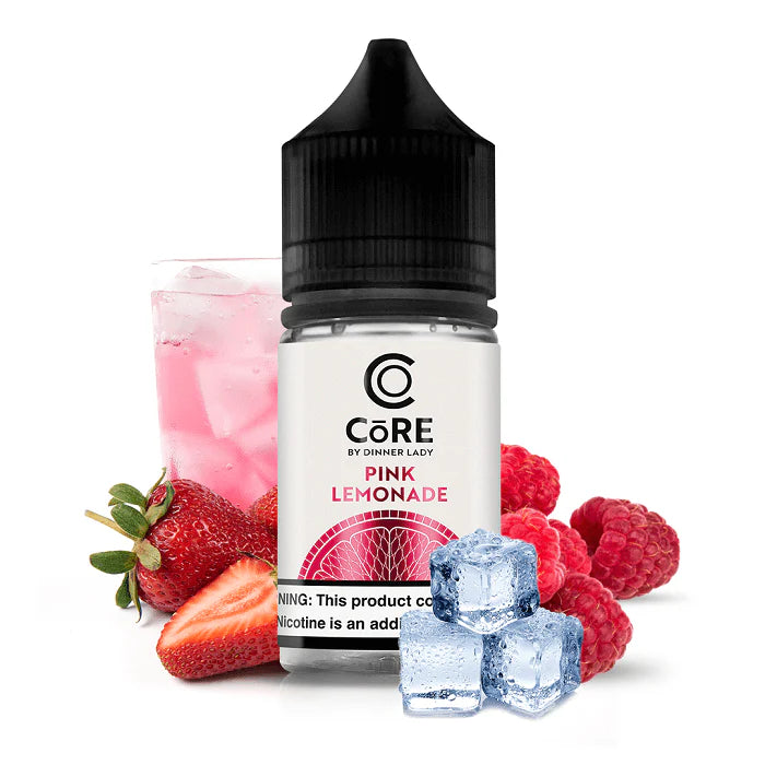 Bottle of Core Salt Pink Lemonade vape salt juice with strawberries, raspberries, and ice cubes on a white background