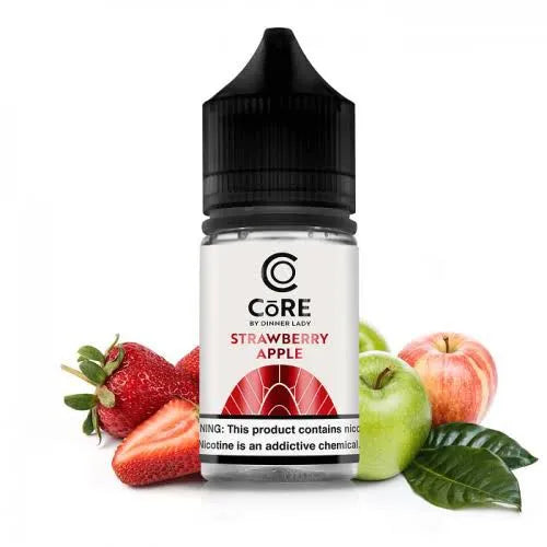CoRE by Dinner Lady Strawberry Apple nicotine salt bottle with strawberries and apples on a white background