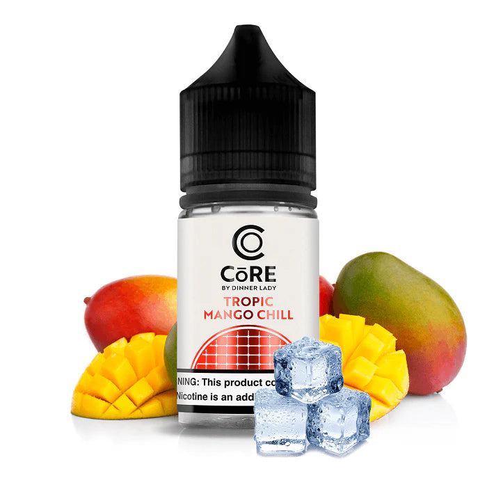 Core by Dinner Lady Tropic Mango Chill vape salt bottle with mangoes and ice cubes on a white background