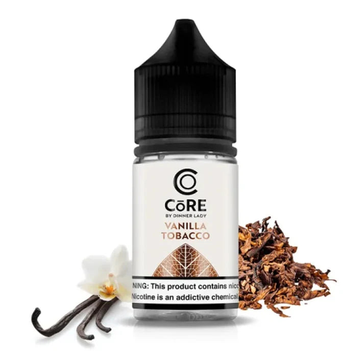 Core Vanilla Tobacco salt bottle with vanilla bean and tobacco leaves on a white background