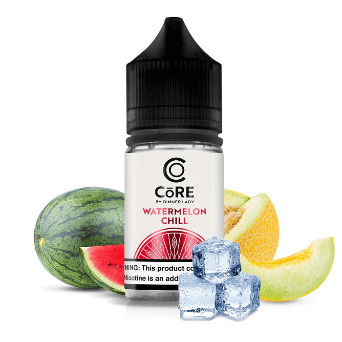Core by Dinner Lady watermelon chill nicotine salt bottle with watermelon, cantaloupe, and ice cubes on a white background