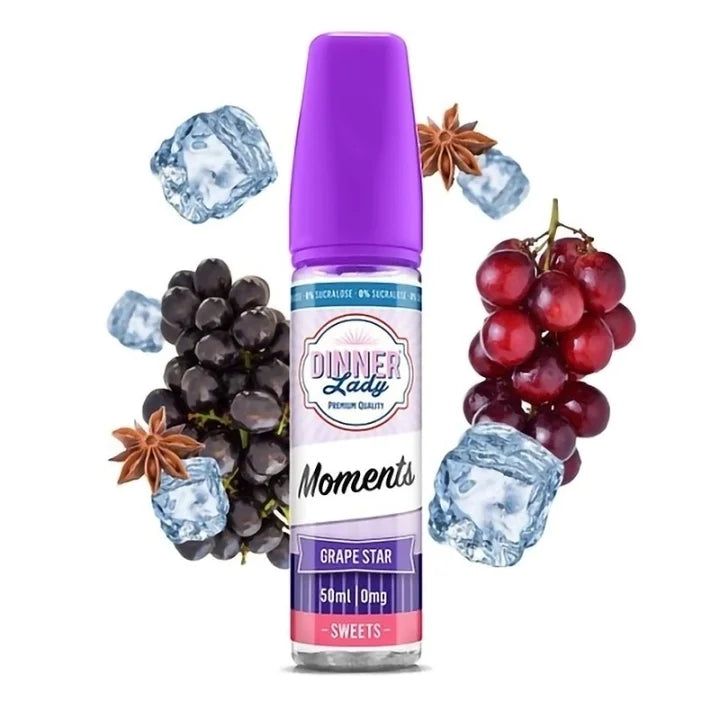Dinner Lady Moments Grape Star vape juice bottle with grape and star anise graphics on a white background