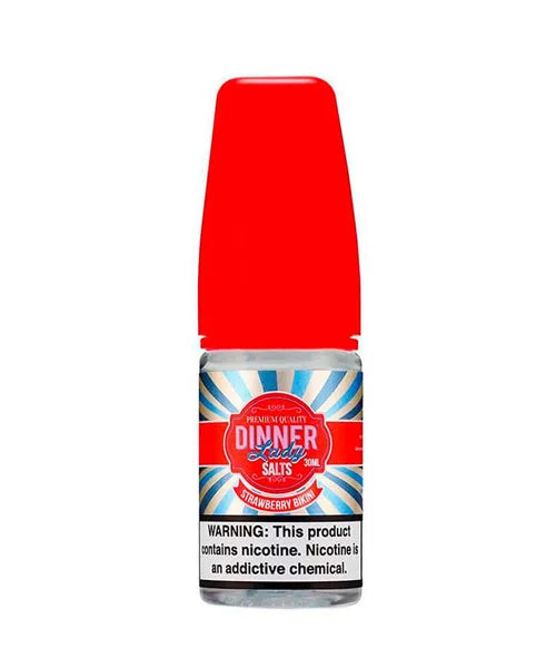 Dinner Lady Strawberry Bikini flavour vape juice bottle with red cap on a white background