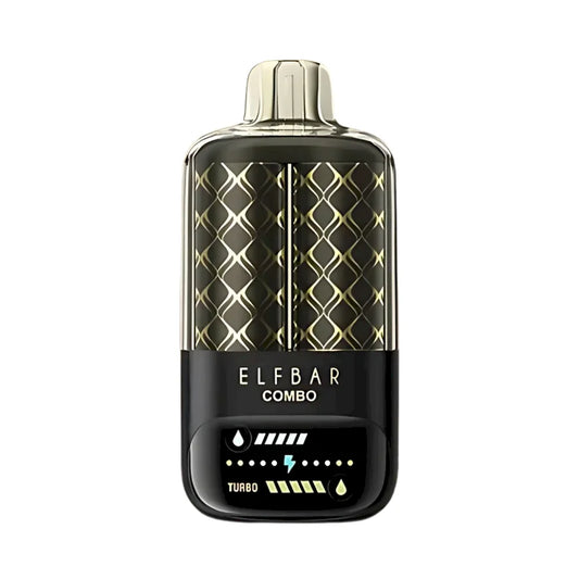 ELFBAR Combo vape device in black and gold with a textured geometric pattern on the upper half and a black lower section featuring LED indicators.