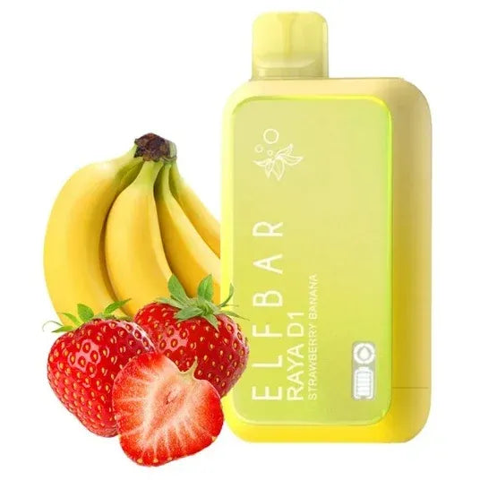 Elfbar raya d1 vape device with strawberry and banana graphics on a white background