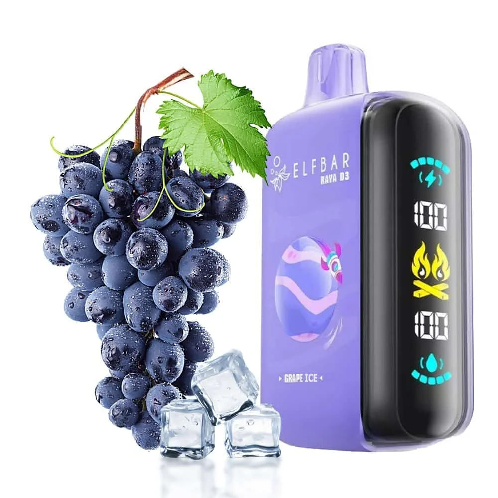 Elfbar Raya d3 vape device with grape and ice flavour, on a white background