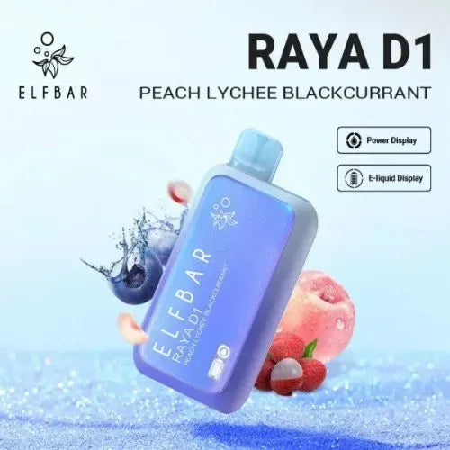 Elf Bar RAYA D1 vape device with fruit graphics on a light blue background