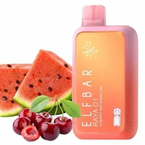 A pink and orange ELFBAR disposable vape device labeled 'RAYA D1 CHERRY WATERMELON' next to fresh watermelon slices and cherries on a white background.