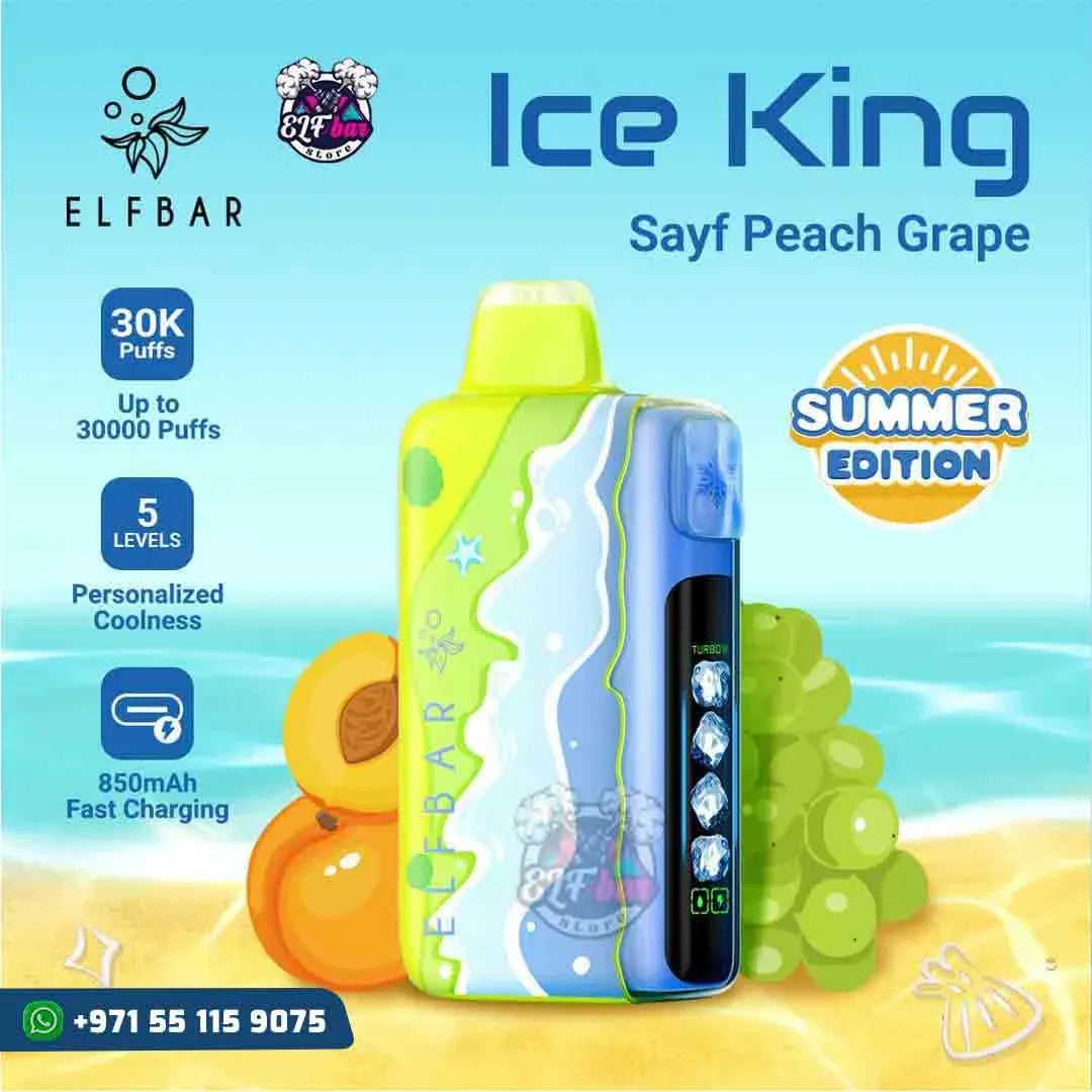 ELFBAR Ice King Sayyf Peach Grape Summer Edition vape device with a colorful tropical design, shown alongside peaches, grapes, and promotional text on a beach-themed background.