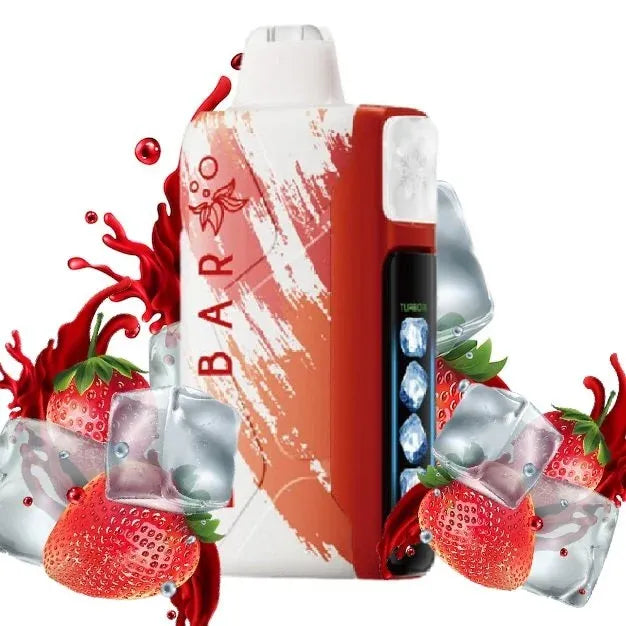 Elfbar ice king vape with strawberries and ice cubes on a white background