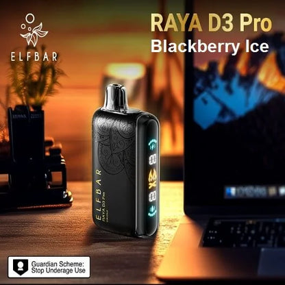 Elf Bar RAYA D3 Pro Blackberry Ice vape device on a desk with laptop and plant.