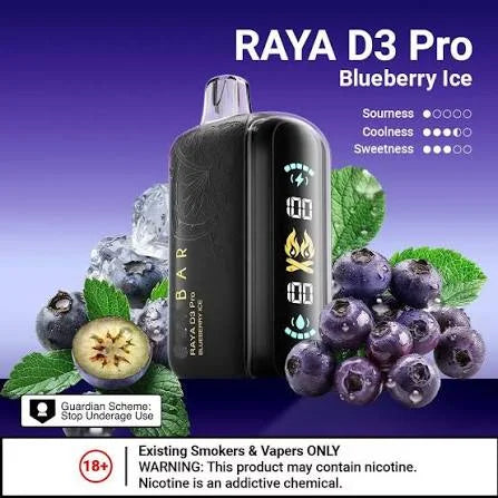 Vaping device with blueberries and ice on a purple background, featuring the brand 'RAYA D3 Pro'.