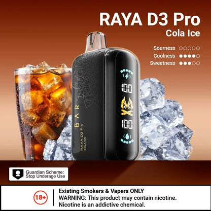 Elfbar Raya D3 Pro Cola Ice vape device with cola and ice cubes on a brown background