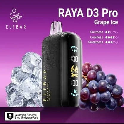 Elf Bar RAYA D3 Pro vape device with ice and grapes on a purple background