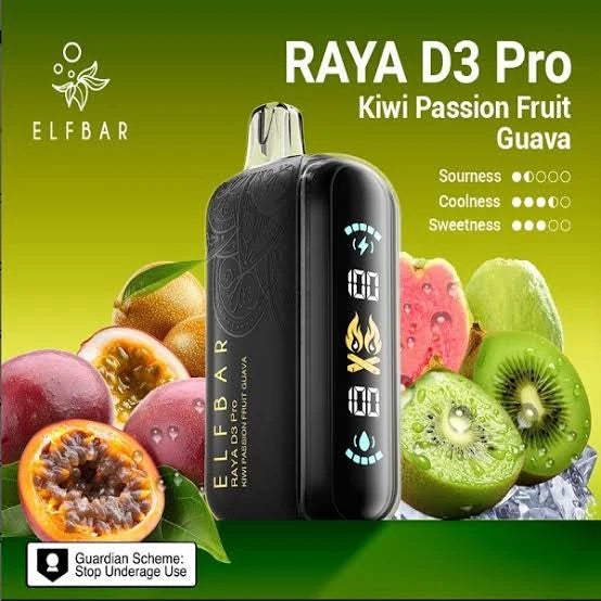 ELF BAR RAYA D3 Pro vape device with kiwi, passion fruit, and guava on a green background