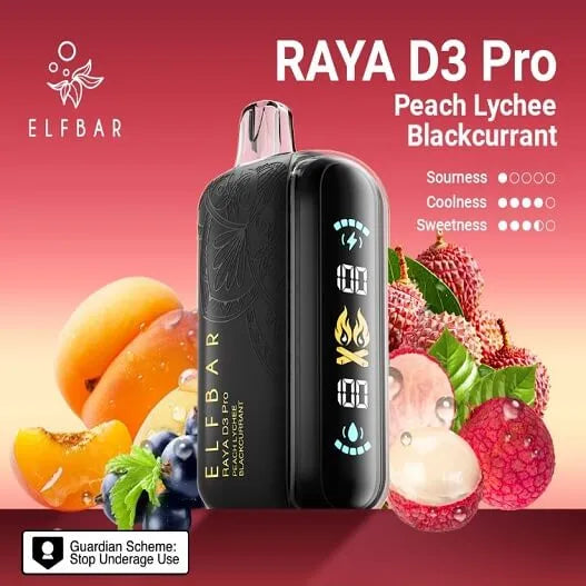 Elf Bar RAYA D3 Pro peach lychee blackcurrant vape device with fruit illustrations on a red background