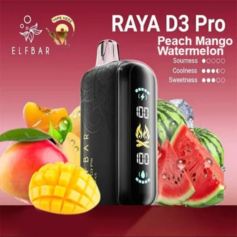 Elf Bar RAYA D3 Pro vape device with peach, mango, and watermelon graphics on a red background