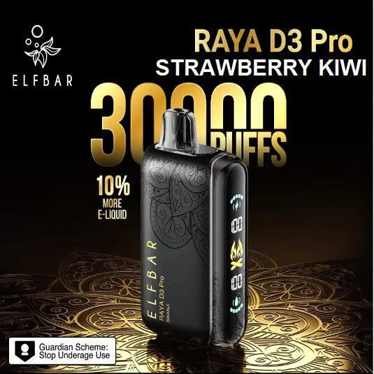 Elf Bar RAYA D3 Pro vape device with strawberry kiwi flavor and 30,000 puffs on a dark background.
