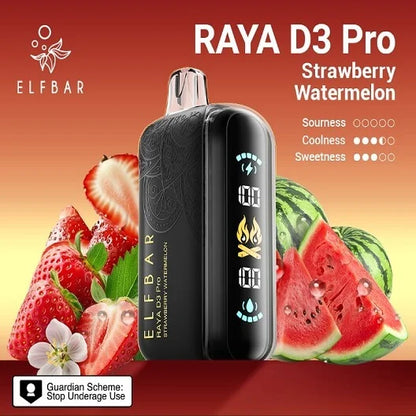 Elf Bar RAYA D3 Pro vape device with strawberry and watermelon graphics on a red background