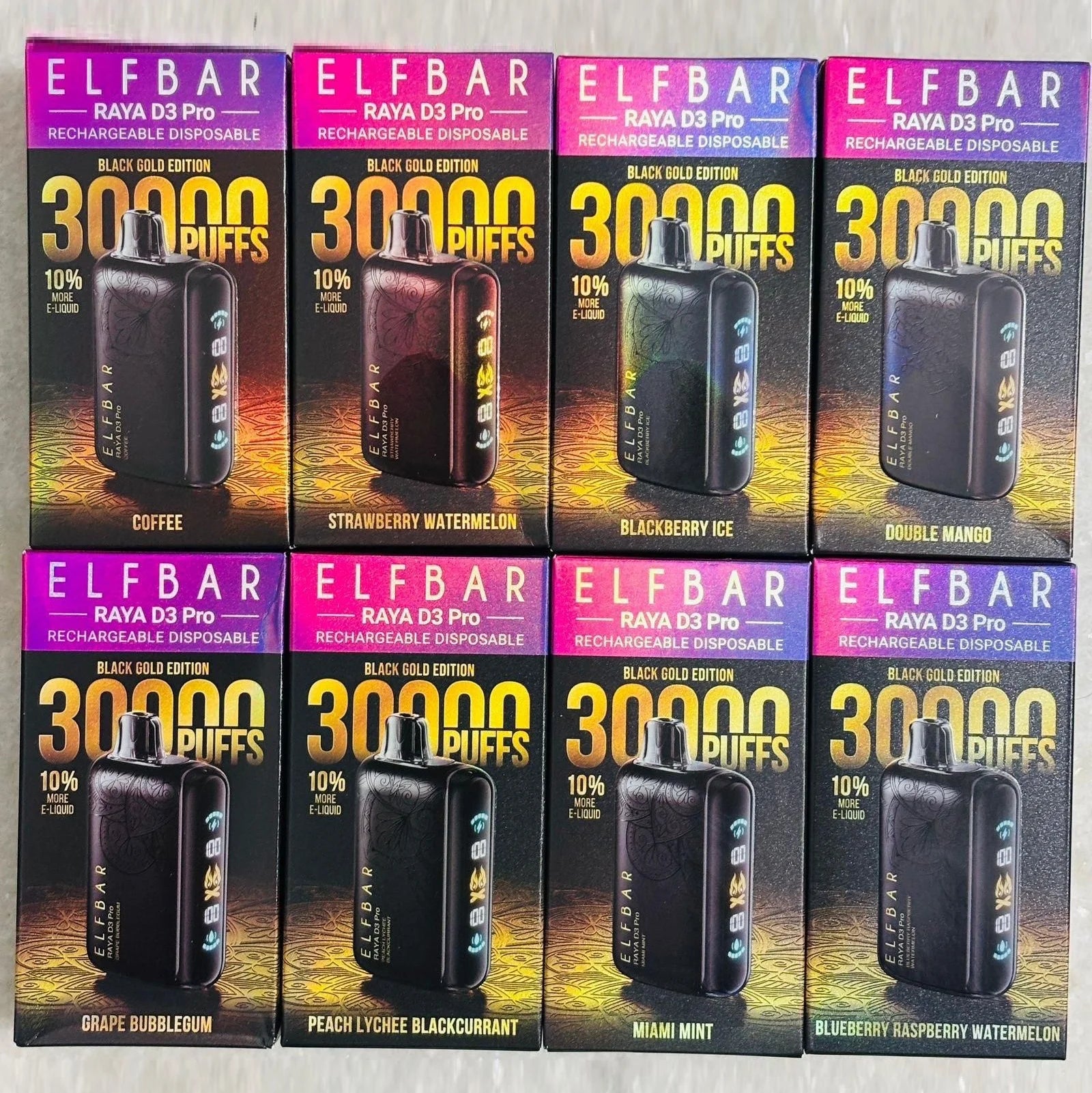 Multiple boxes of ELF BAR RAYA D3 Pro vape devices with different flavors on a neutral background.