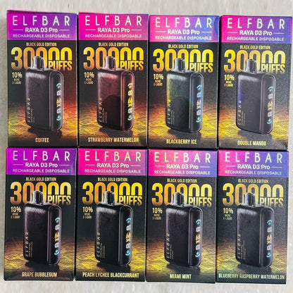 Multiple boxes of ELF BAR RAYA D3 Pro vape devices with different flavors on a neutral background.