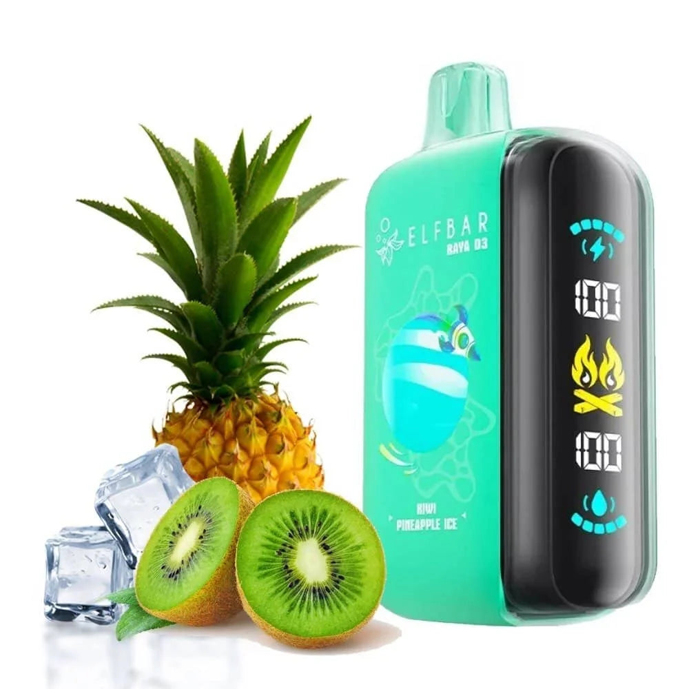 Elfbar Raya d3 vape device with kiwi, pineapple and ice on a white background