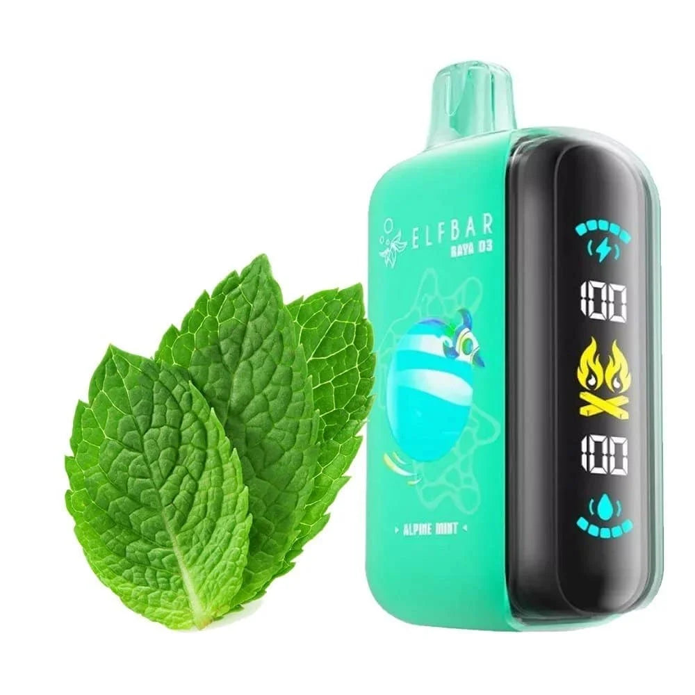 Elfbar Raya d3 vape device with alpine mint leaves on a white background