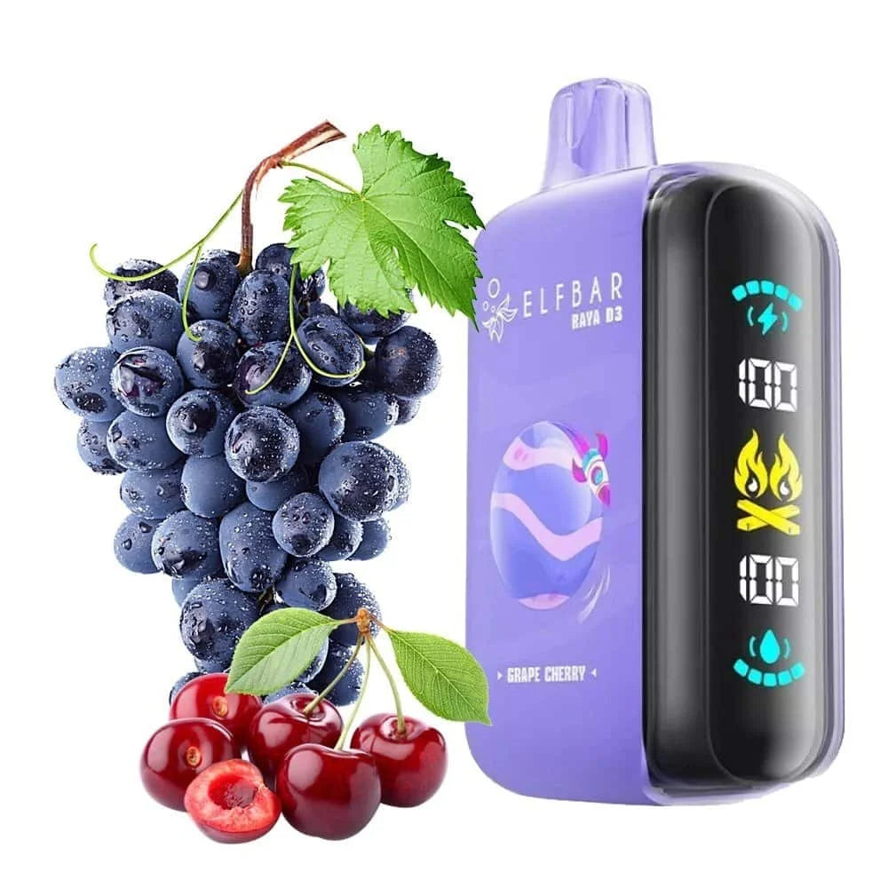 Elfbar Raya d3 vape device with cherry and grapes on a white background