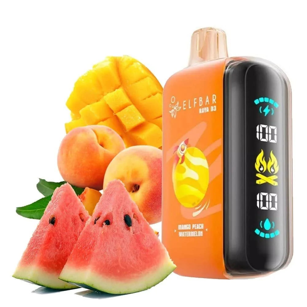 Elfbar Raya d3 vape device with mango, peach and watermelon on a white background