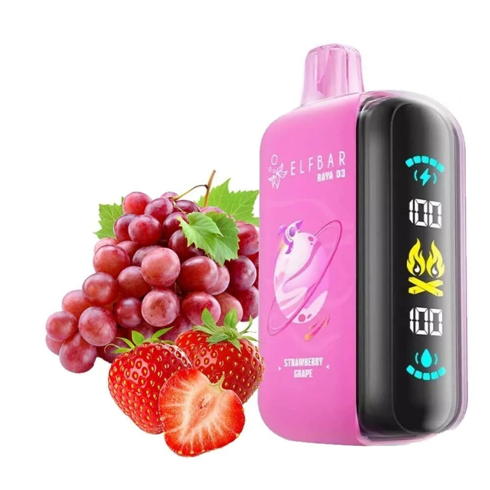 Elfbar Raya d3 vape device with strawberry and grapes on a white background