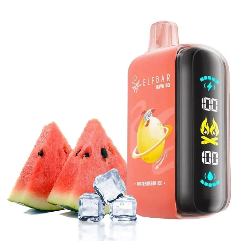 Elfbar Raya d3 vape device with watermelon and ice flavour, on a white background