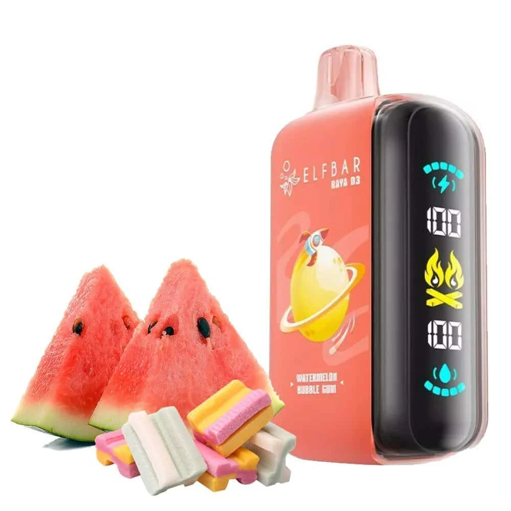Elfbar Raya d3 vape device with watermelon and bubblegum flavour, on a white background