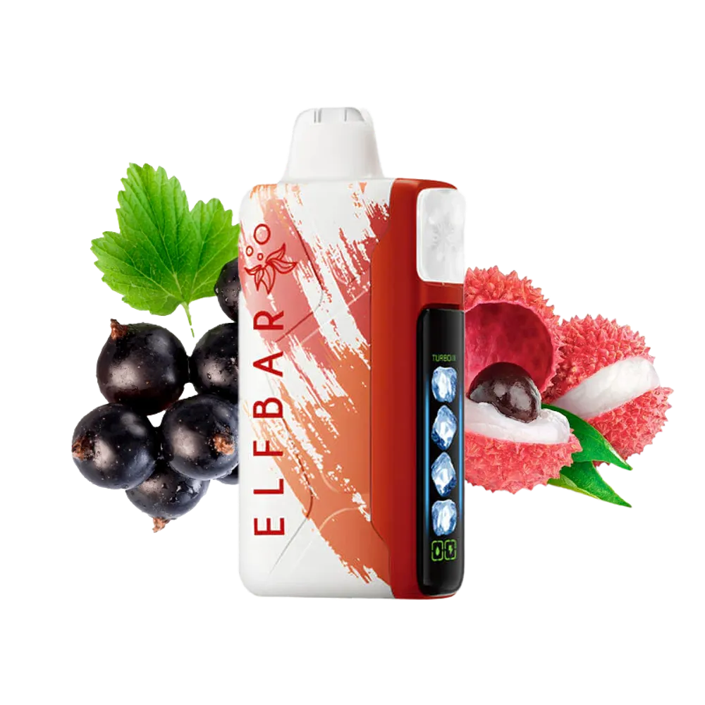 Elfbar ice king vape device with black currants and a strawberry on a white background