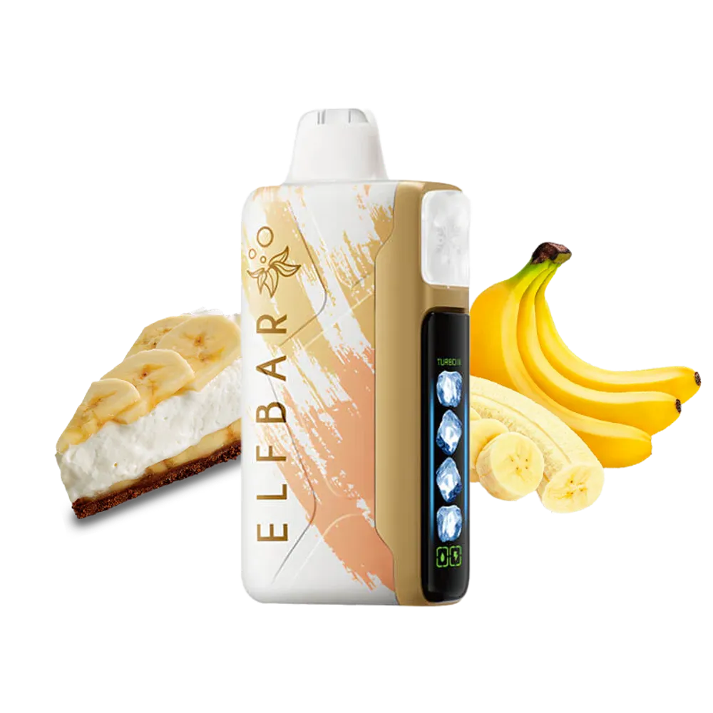 Elf Bar ice king vape device with banana cream pie design, surrounded by bananas and a slice of banana cream pie.