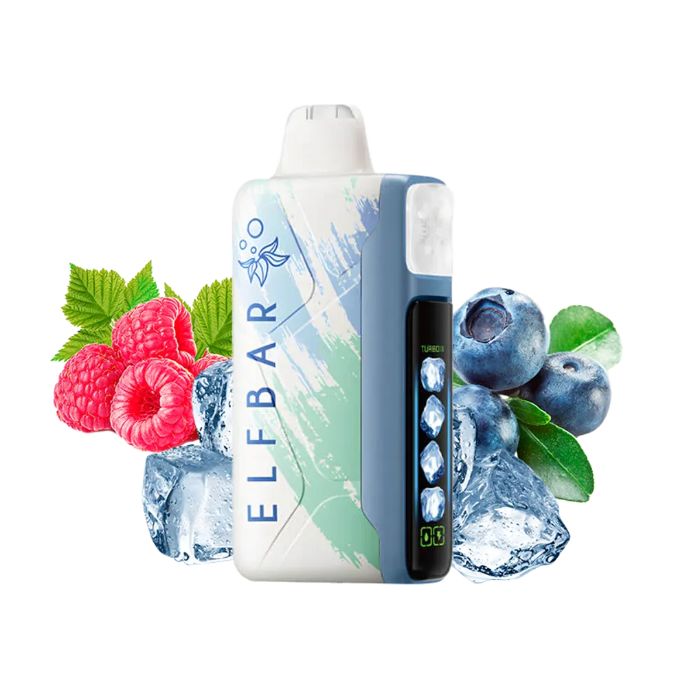 Elfbar ice king vape device with blueberries, raspberries and ice on a white background