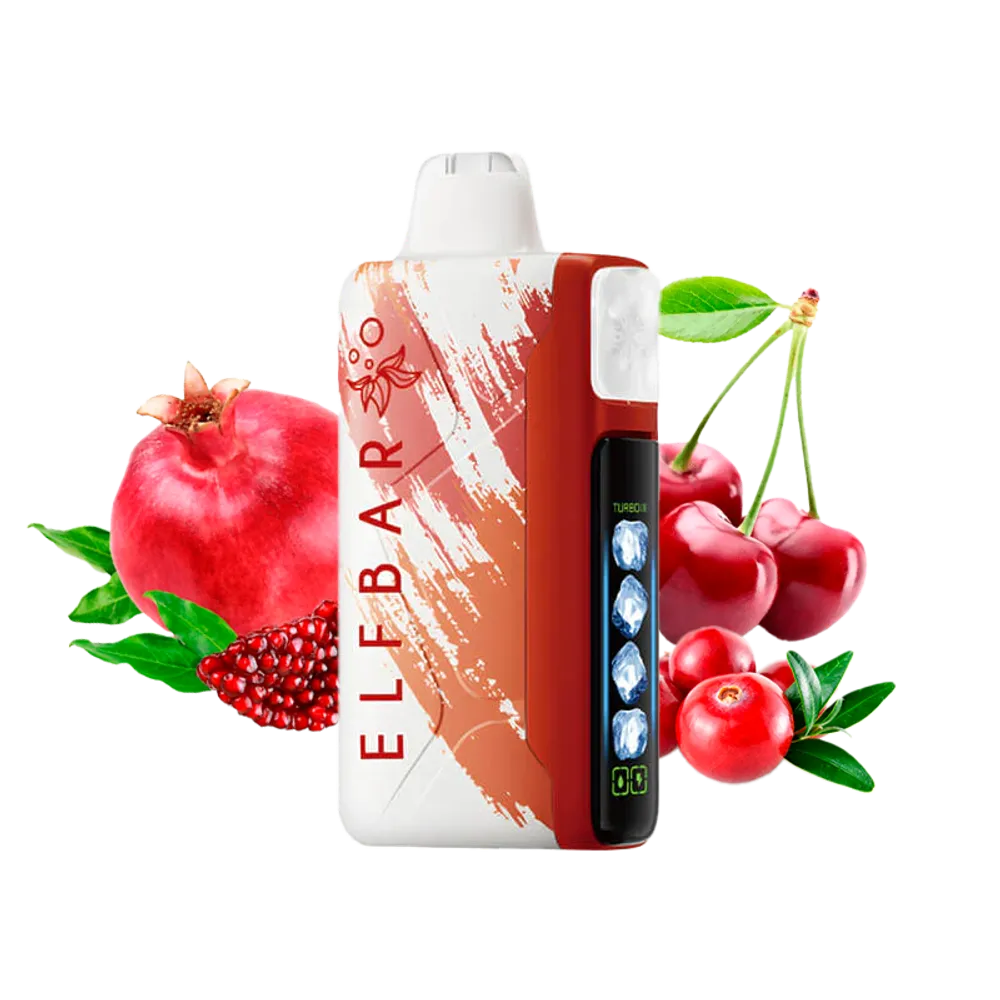 Elfbar ice king vape device with pomegranate, cranberry and cherry graphics on a white background