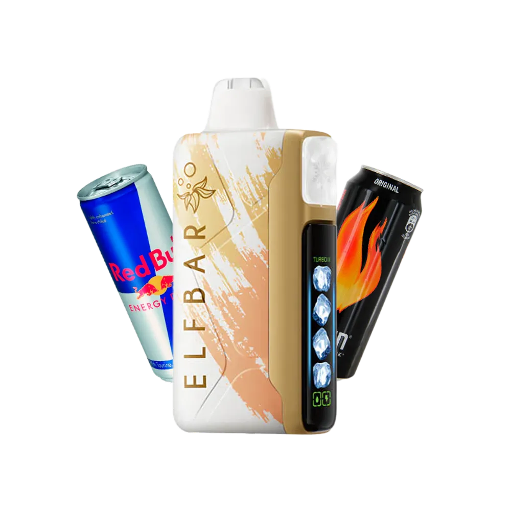 Elfbar ice king vape device with redbull and energy drink graphics on a white background