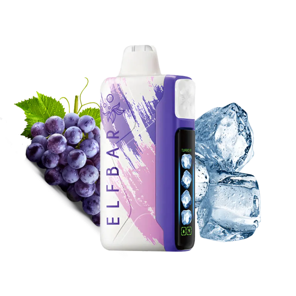 Elf Bar ice king vape device with grapes and ice cubes on a white background