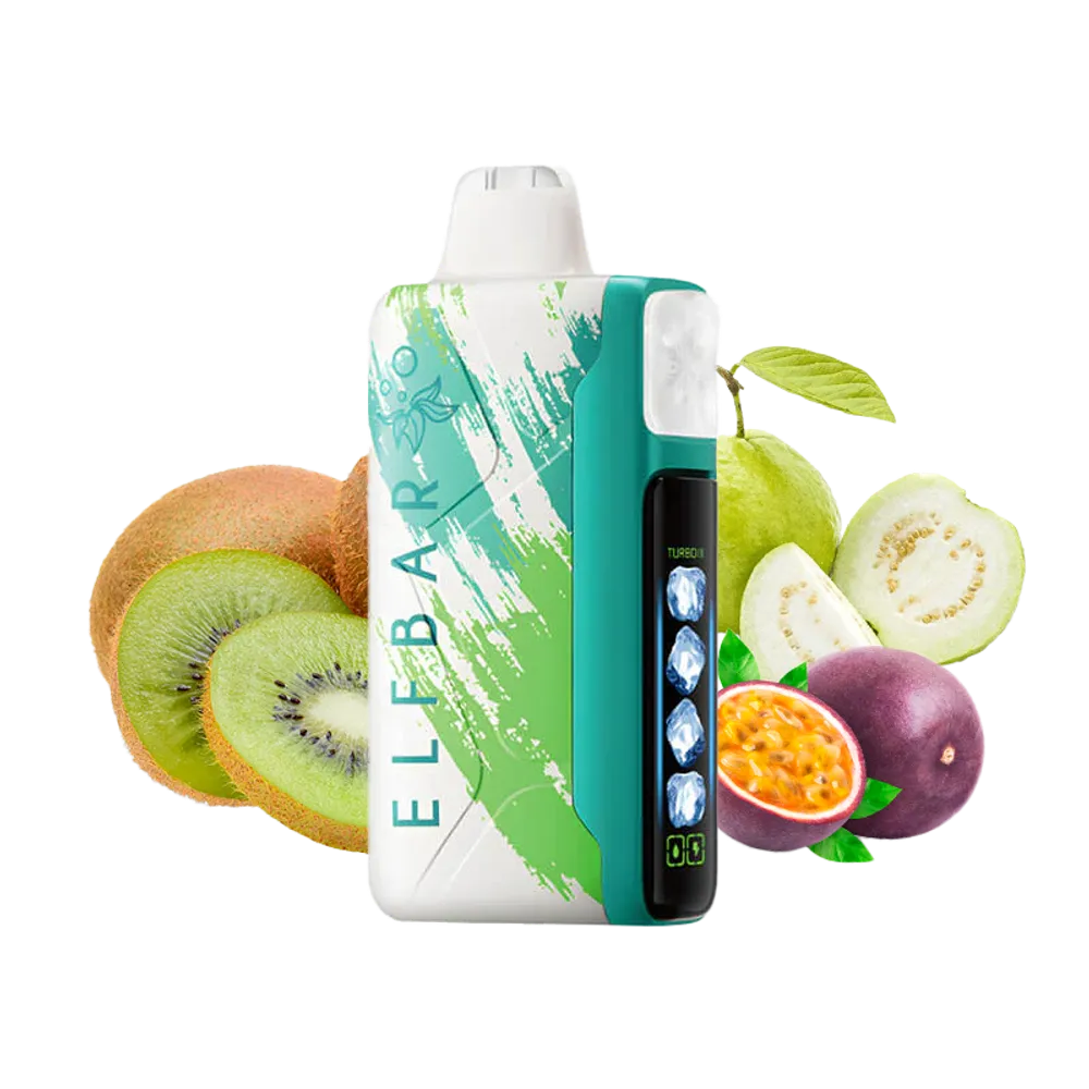 Elfbar ice king vape device with kiwi, passion fruit and guava on a white background