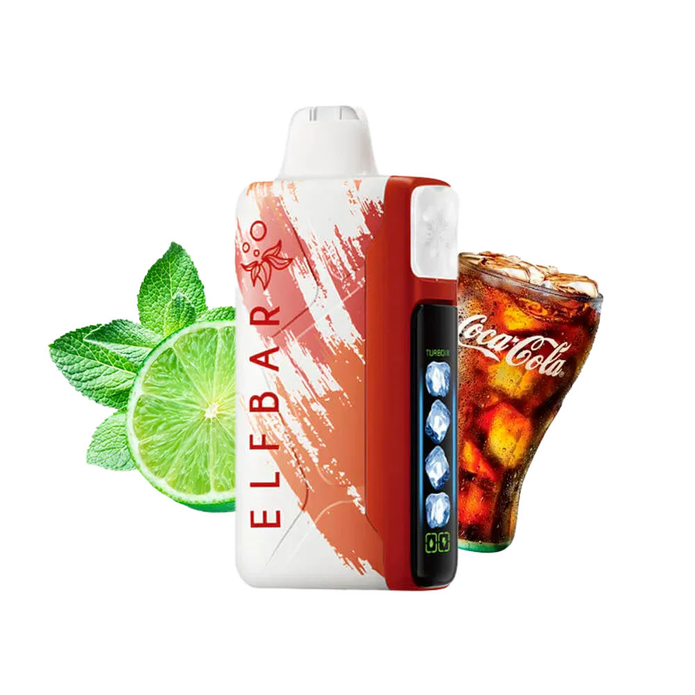 Elfbar ice king vape device with Coca-Cola branding and lime garnish on a white background