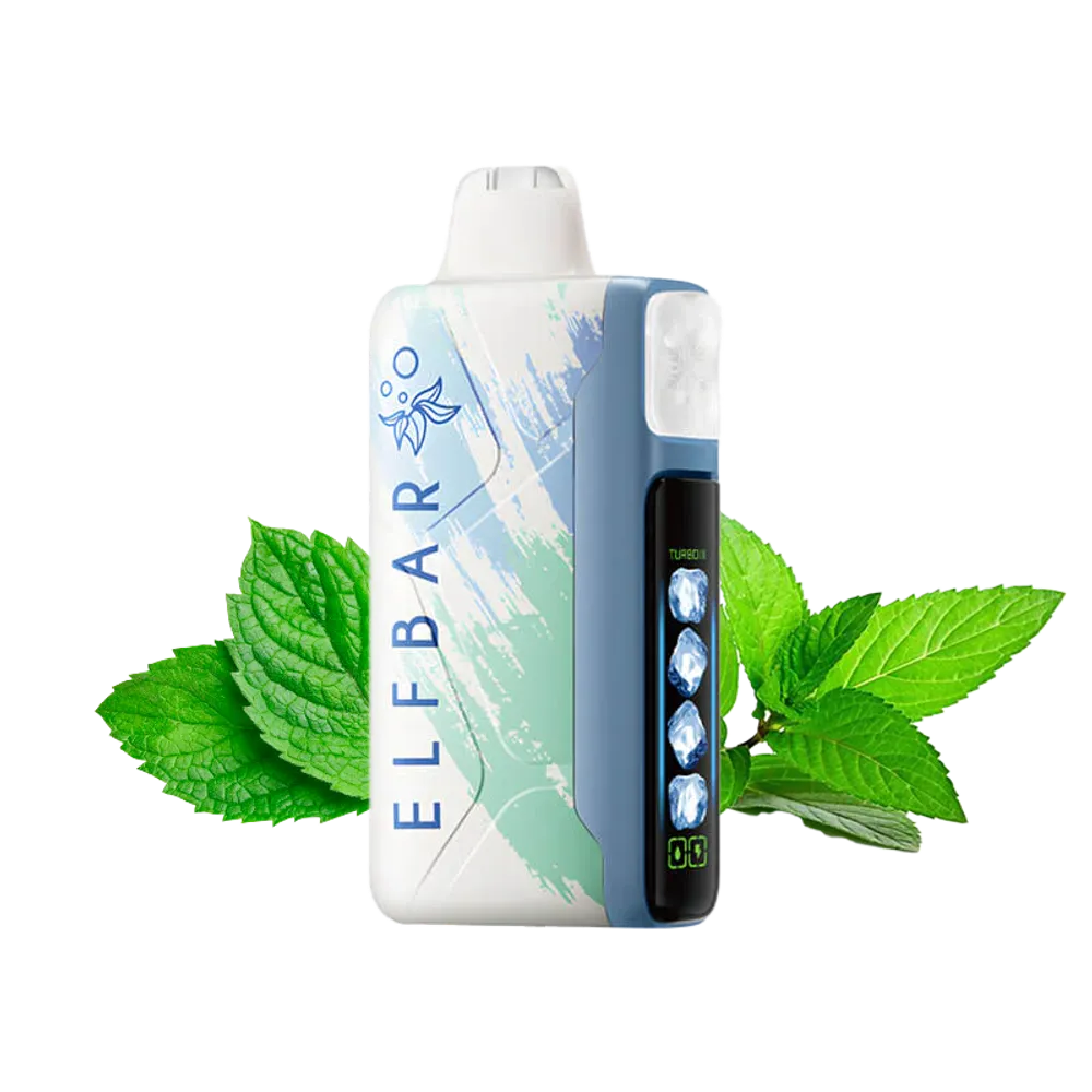 Elfbar ice king vape device with mint leaves on a white background