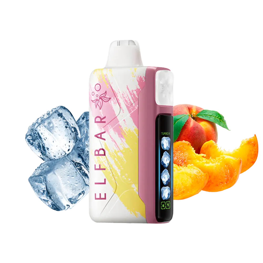 Elf Bar iceking vape device with peach and ice elements on a white background